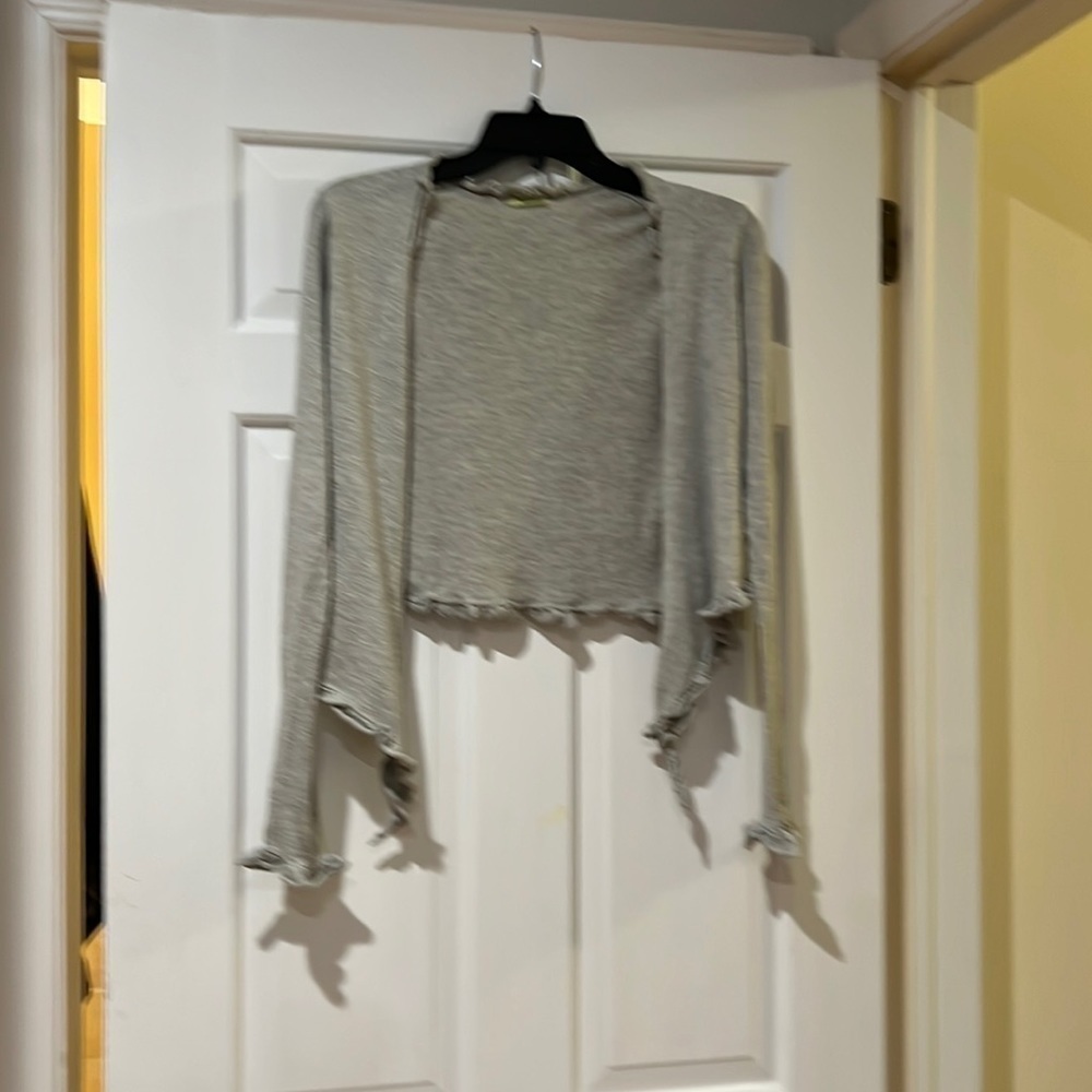 Y2K cropped tie cardigan with ruffles at edges and sleeves
